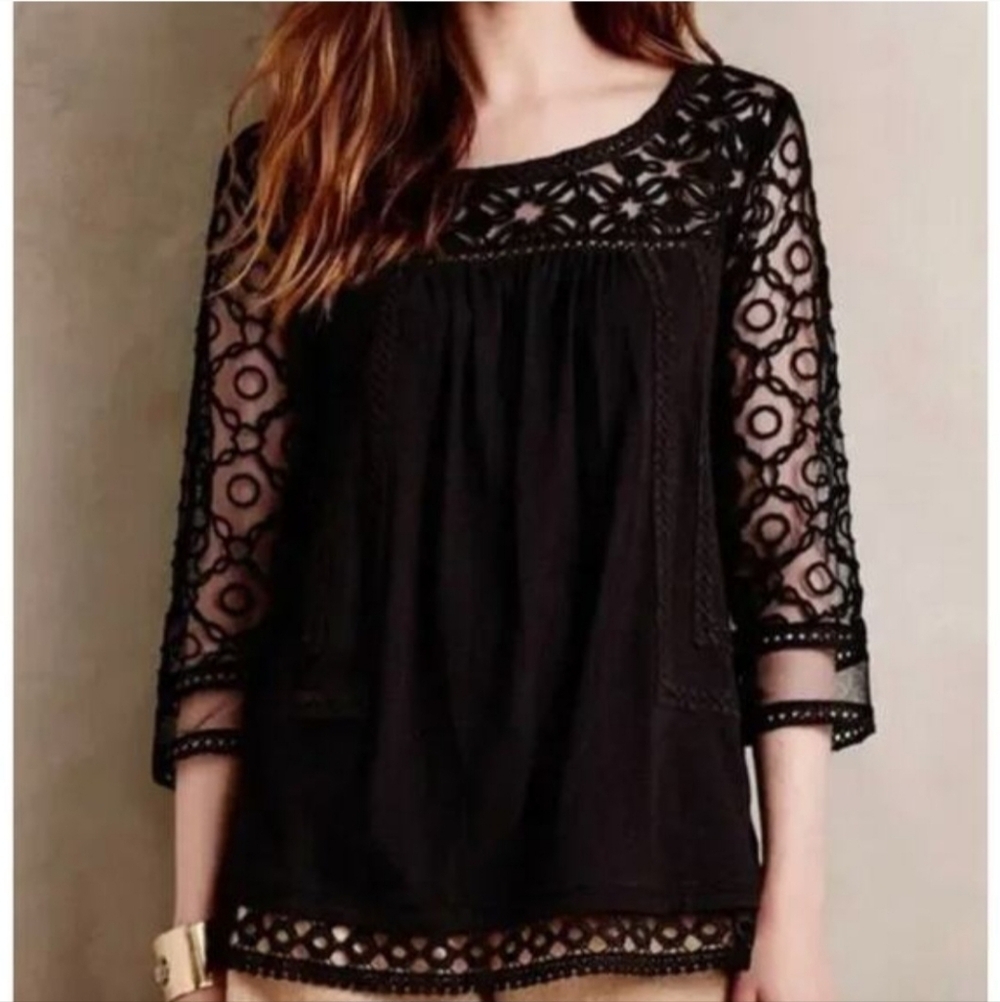 Anthropologie Meadow & Rue Black Crochet Lace 3/4 Sleeve Boho Top. Sz XS
